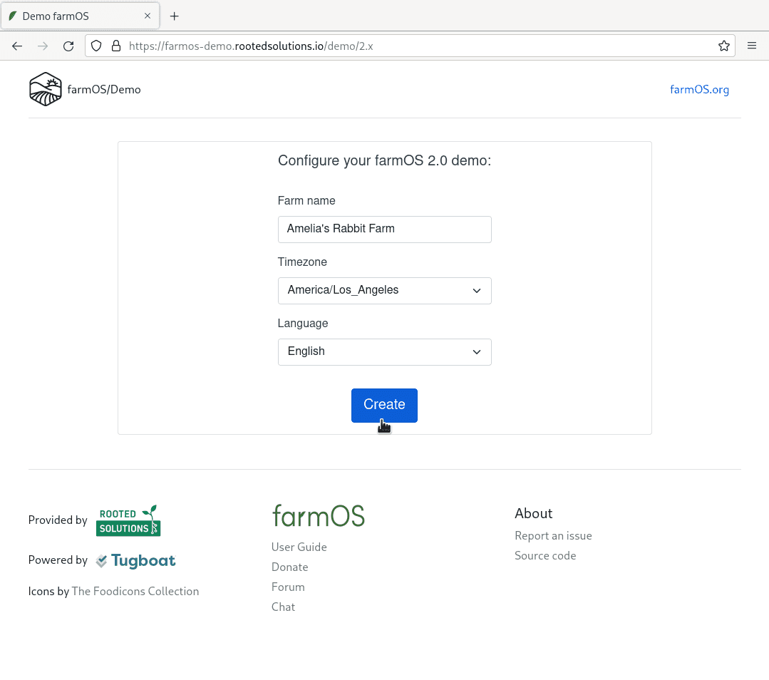 Screenshot of the farmOS demo creation form