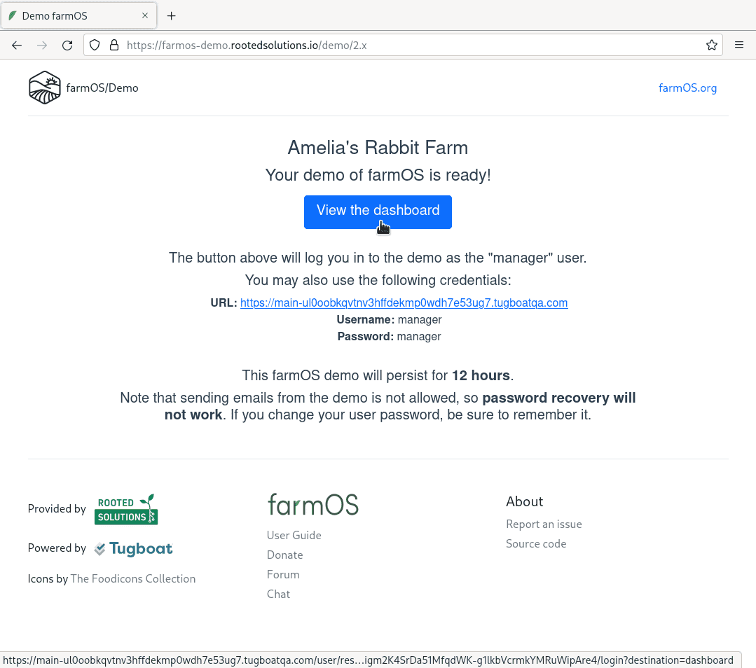Screenshot of the farmOS demo creation success page
